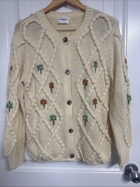 Anthropologie Cream Cable-Knit Cardigan with Floral Embroidery
